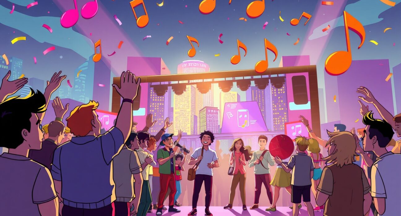 Vibrant cartoon scene of the Starglow community meetup with networking, music, and celebration.