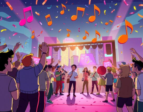 Vibrant cartoon scene of the Starglow community meetup with networking, music, and celebration.