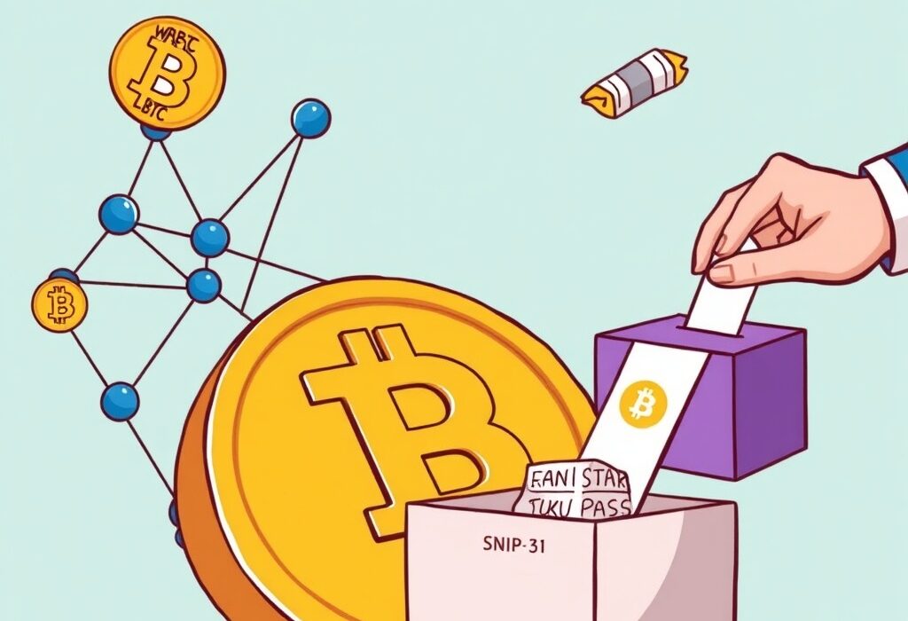 A cartoon illustration showing the Starknet network enabling Starknet Bitcoin staking, symbolizing the successful SNIP-31 proposal for BTC integration.