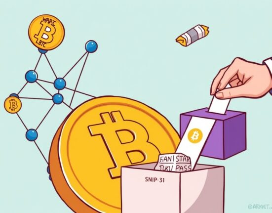 A cartoon illustration showing the Starknet network enabling Starknet Bitcoin staking, symbolizing the successful SNIP-31 proposal for BTC integration.