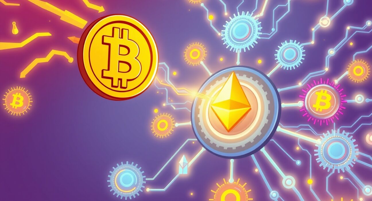 A cartoon illustration showing Bitcoin connecting to an Ethereum Layer 2 network, symbolizing the exciting launch of Starknet Bitcoin staking for new yields.