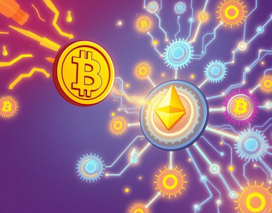 A cartoon illustration showing Bitcoin connecting to an Ethereum Layer 2 network, symbolizing the exciting launch of Starknet Bitcoin staking for new yields.