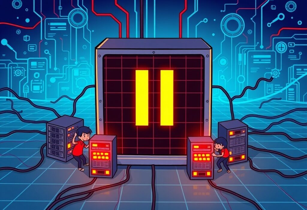 A cartoon illustration showing the temporary halt in Starknet block production and the team diligently working to resolve the issue.