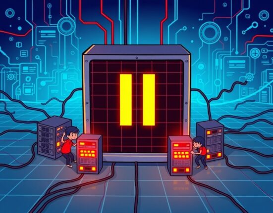 A cartoon illustration showing the temporary halt in Starknet block production and the team diligently working to resolve the issue.