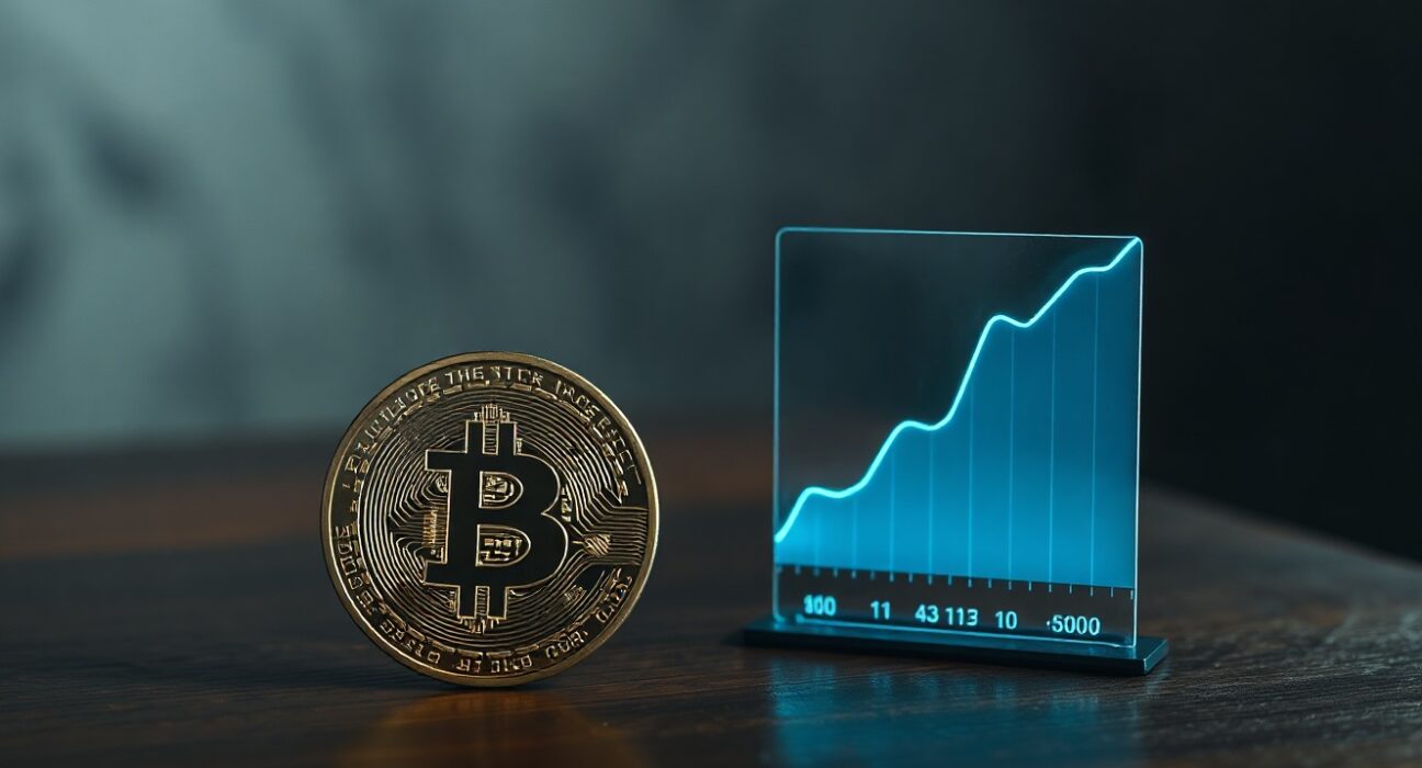 Bitcoin coin with holographic inflation graph in a dimly lit room