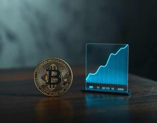 Bitcoin coin with holographic inflation graph in a dimly lit room