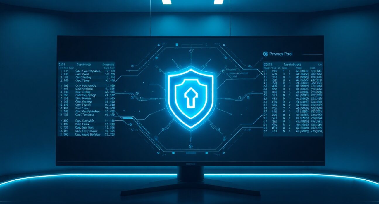 Futuristic digital interface showing a glowing shield icon representing the STRK20s privacy pool on StarkNet.