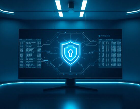 Futuristic digital interface showing a glowing shield icon representing the STRK20s privacy pool on StarkNet.