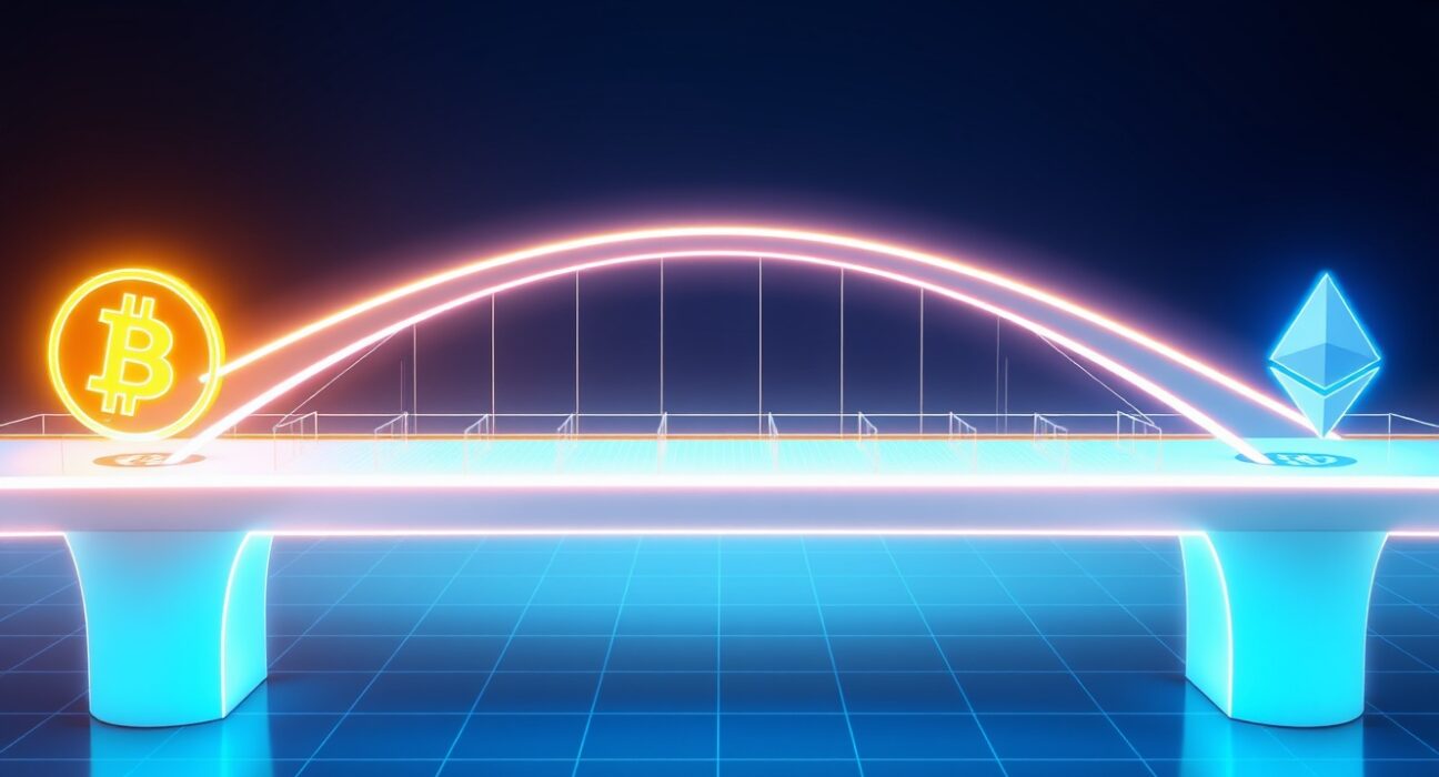 Digital bridge connecting Bitcoin symbol to Ethereum network, representing Starknet's strkBTC asset launch