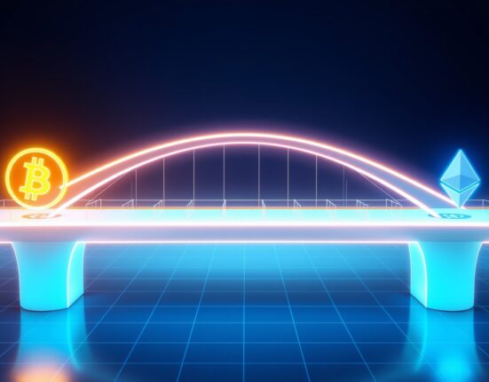 Digital bridge connecting Bitcoin symbol to Ethereum network, representing Starknet's strkBTC asset launch