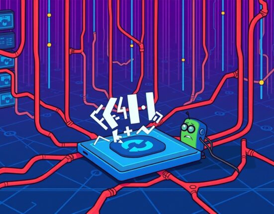 A cartoon illustration showing a digital network paused, representing the recent Starknet outage and its impact on the blockchain.