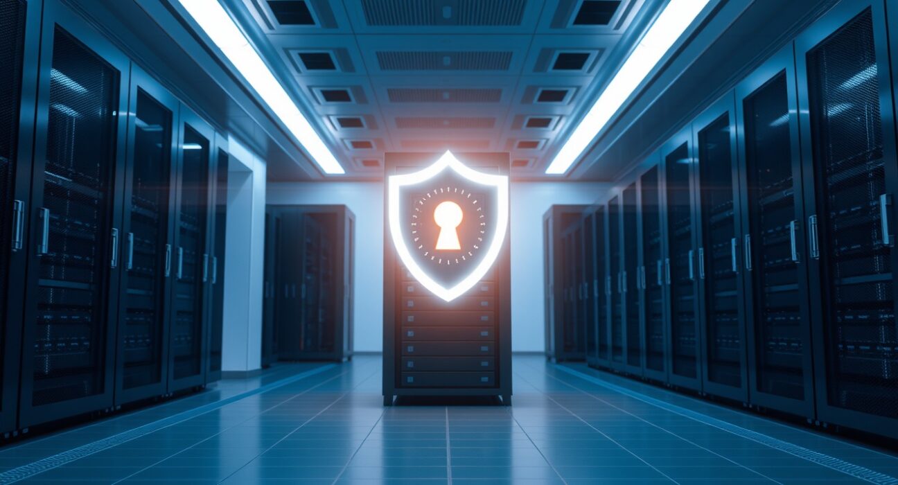 Digital shield icon in a high-tech server room symbolizing quantum-resistant blockchain security