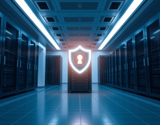 Digital shield icon in a high-tech server room symbolizing quantum-resistant blockchain security