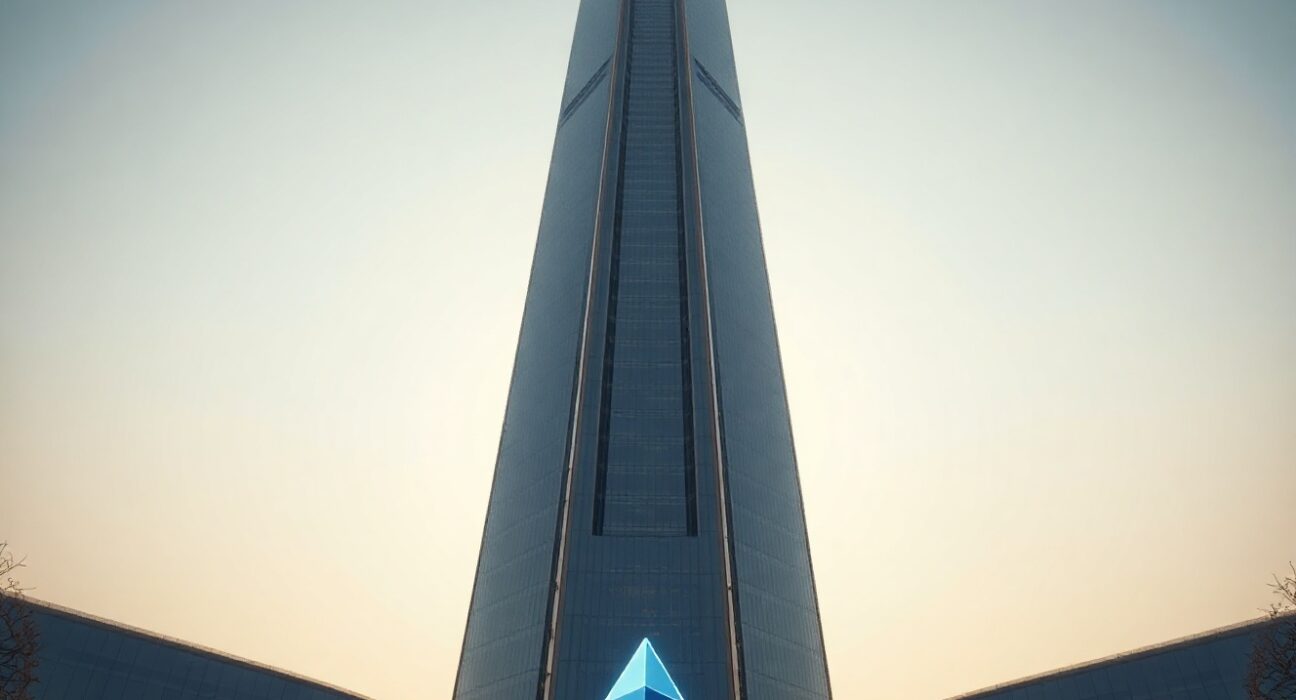 Futuristic skyscraper representing Starknet network with Ethereum logo at base during golden hour.