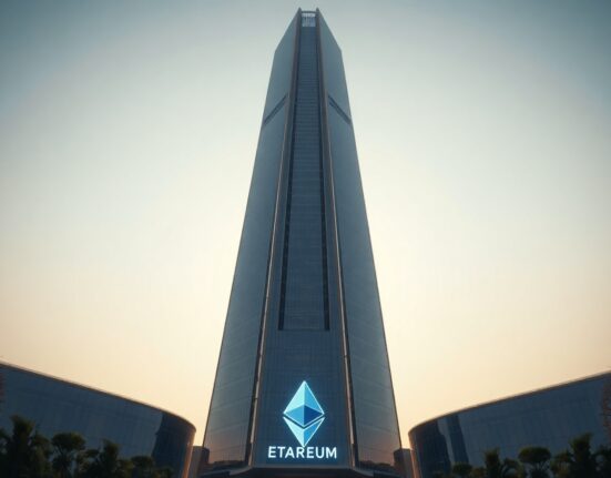 Futuristic skyscraper representing Starknet network with Ethereum logo at base during golden hour.