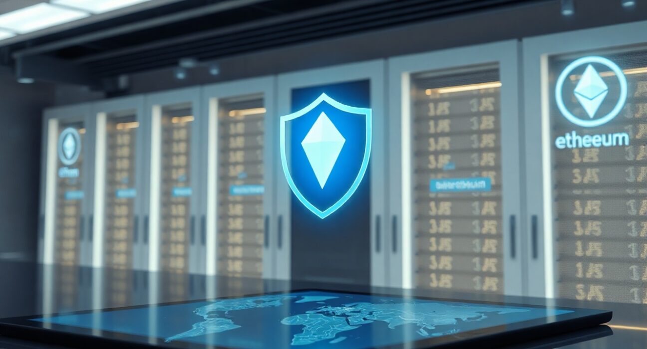 Digital shield icon over blockchain network representing Starknet's STRK20 privacy framework