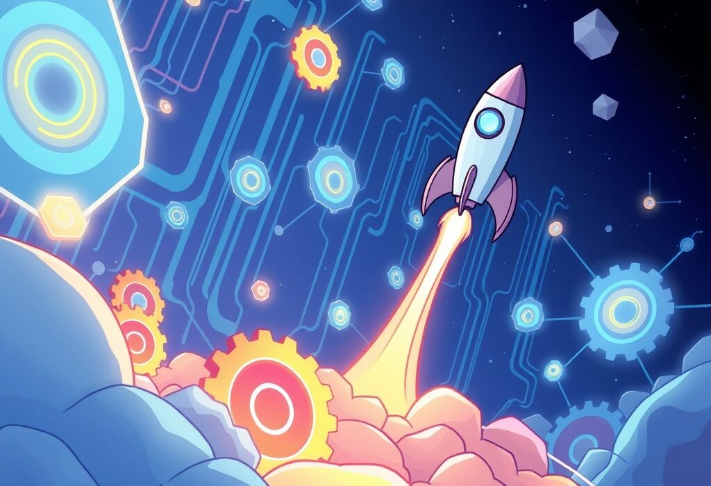A vibrant illustration of the Starknet v0.14.0 upgrade propelling a decentralized network forward with speed and innovation.