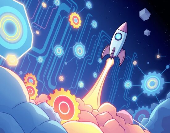 A vibrant illustration of the Starknet v0.14.0 upgrade propelling a decentralized network forward with speed and innovation.