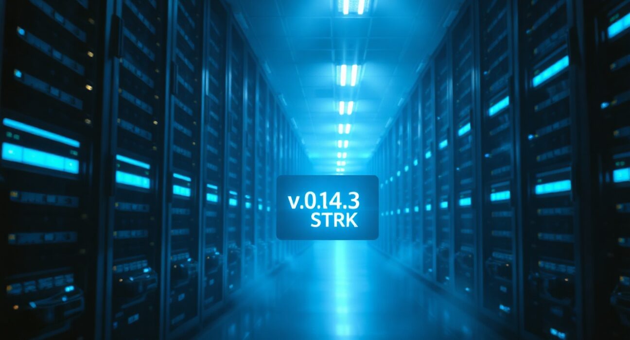 Data center server rack with Starknet v0.14.3 upgrade display