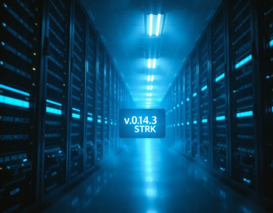 Data center server rack with Starknet v0.14.3 upgrade display