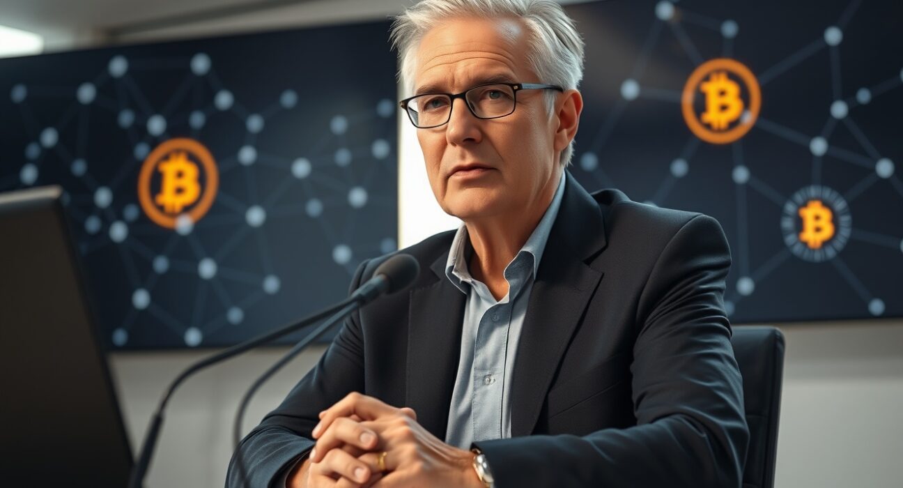 StarkWare CEO Eli Ben-Sasson speaking at a press event with blockchain visuals in background