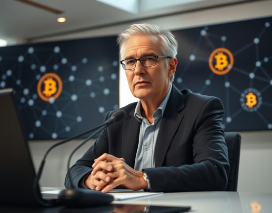 StarkWare CEO Eli Ben-Sasson speaking at a press event with blockchain visuals in background