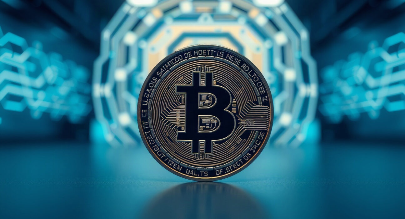Bitcoin coin with a digital quantum circuit background representing quantum-resistant technology