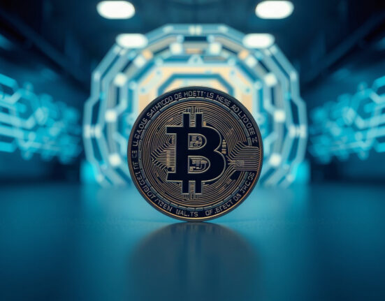 Bitcoin coin with a digital quantum circuit background representing quantum-resistant technology