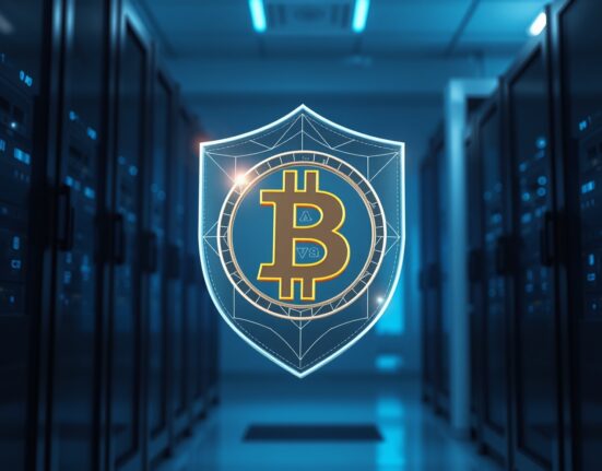 Quantum-resistant shield protecting Bitcoin symbol from quantum computing attacks