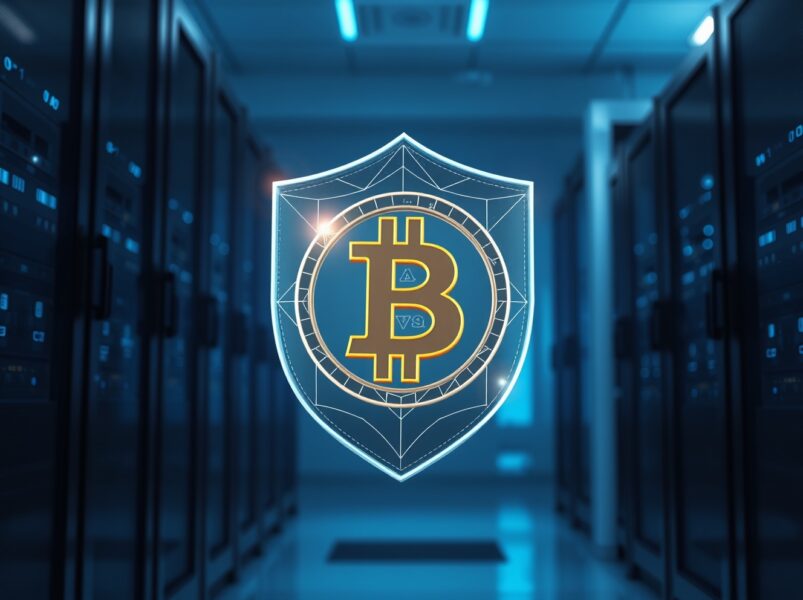 Quantum-resistant shield protecting Bitcoin symbol from quantum computing attacks