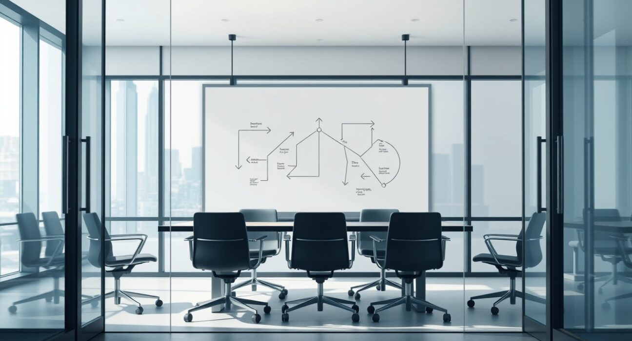 StarkWare restructuring depicted through an empty modern conference room with strategic planning diagrams.