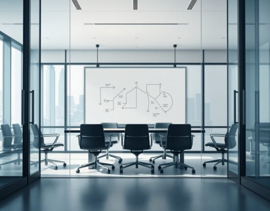 StarkWare restructuring depicted through an empty modern conference room with strategic planning diagrams.