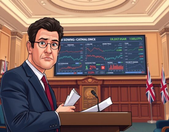 UK Prime Minister Keir Starmer delivers economic warning about prolonged conflict impact with data charts visible.