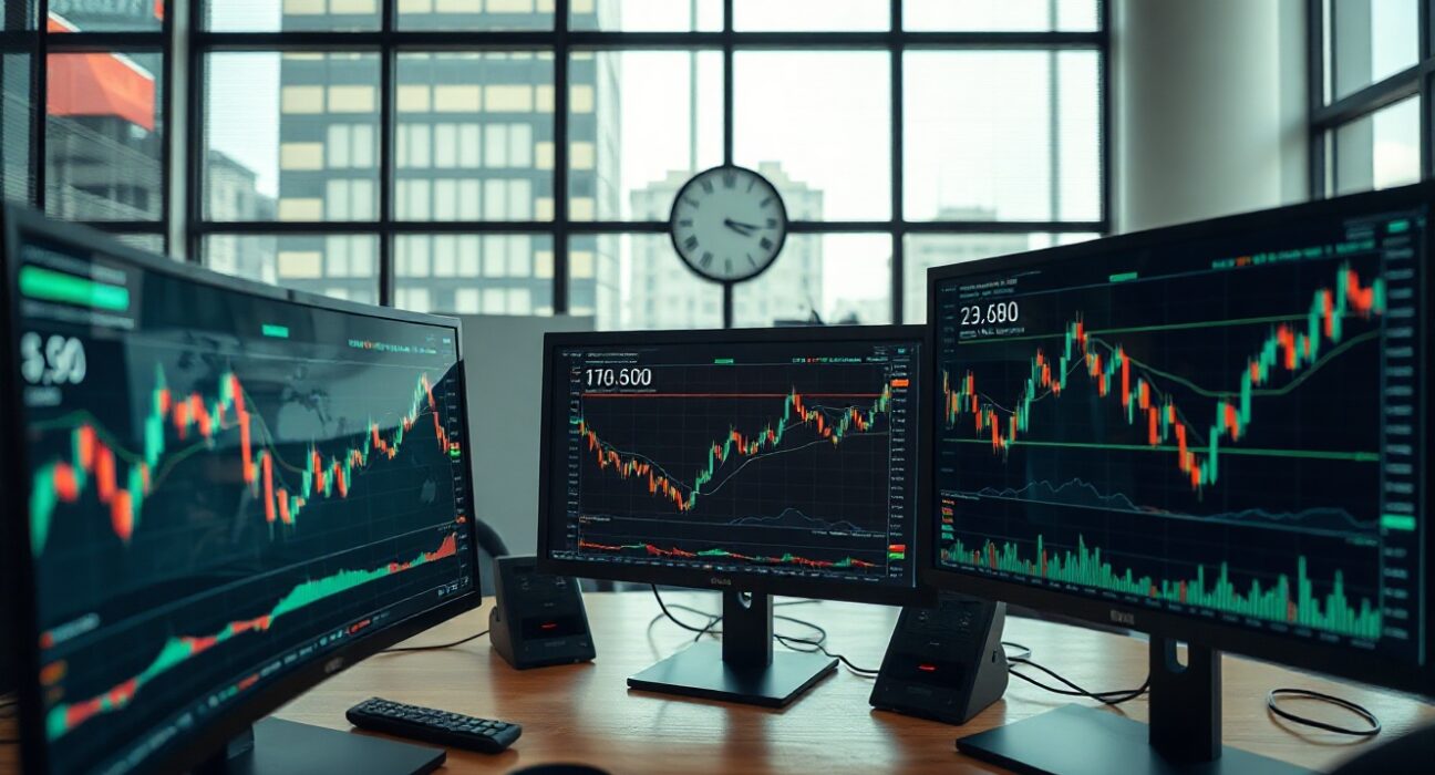 Trading monitors displaying global market charts in a modern office setting
