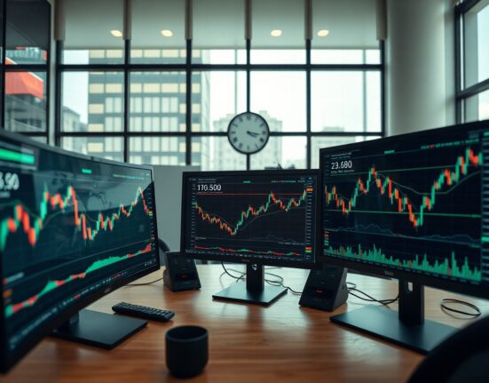 Trading monitors displaying global market charts in a modern office setting