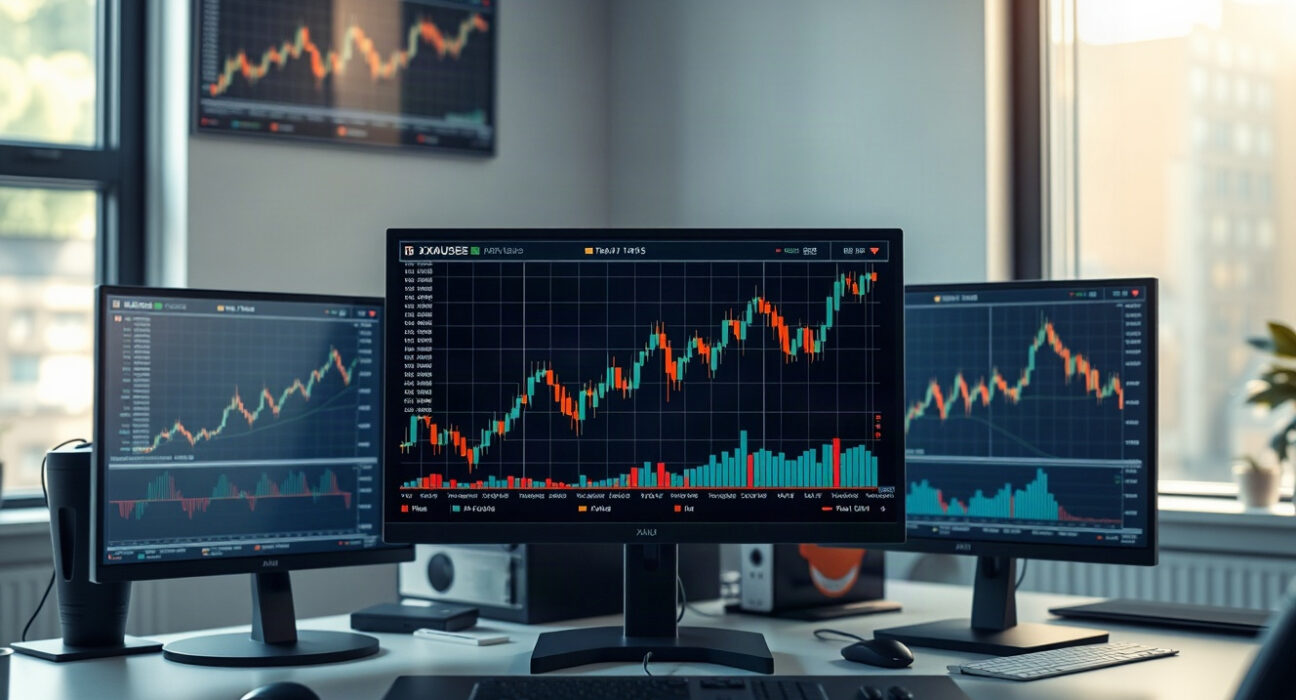 Trading desk with gold price charts on monitors, representing XAUUSD247 launch by STARTRADER