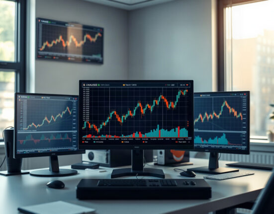 Trading desk with gold price charts on monitors, representing XAUUSD247 launch by STARTRADER
