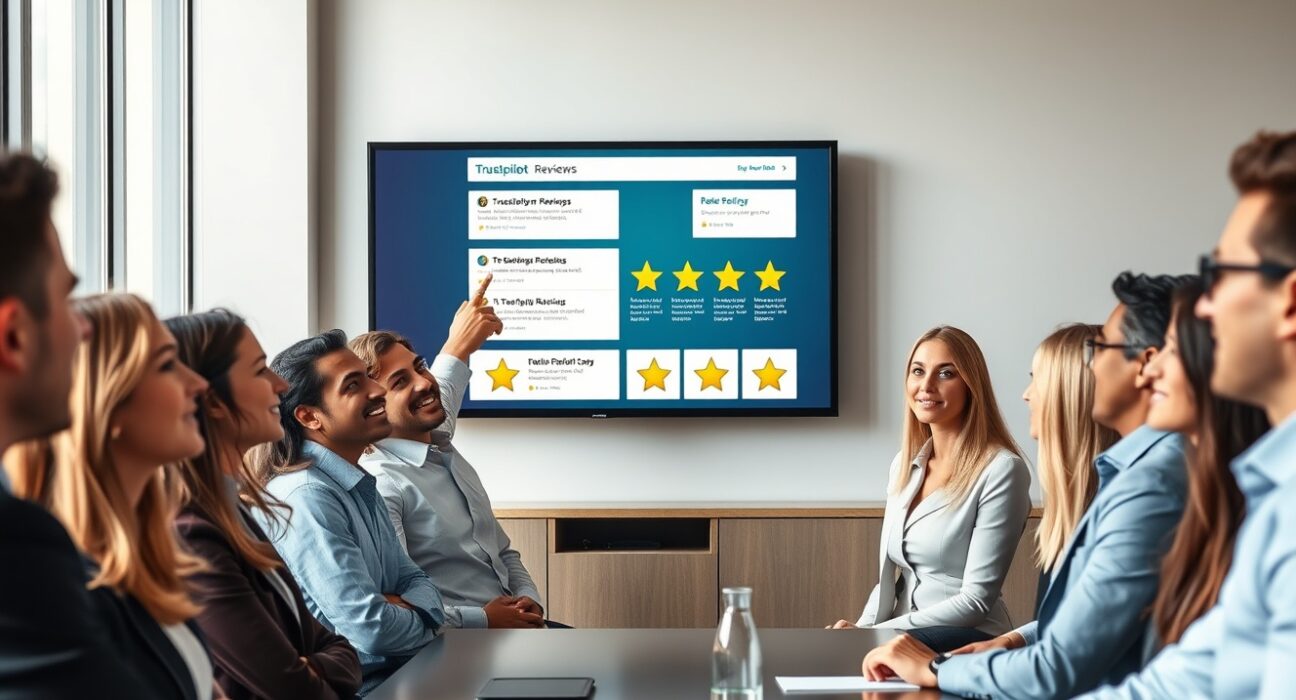 Business team in meeting reviewing online customer feedback on a large screen