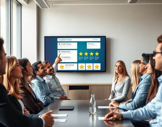 Business team in meeting reviewing online customer feedback on a large screen