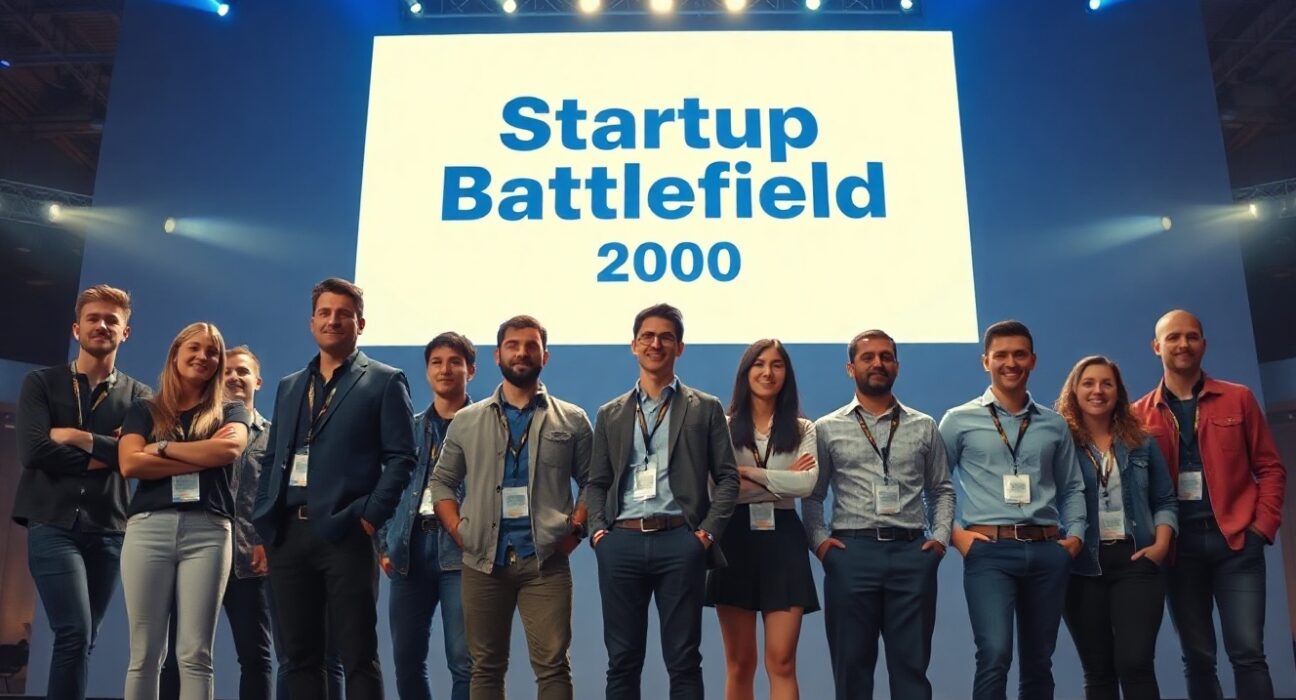 Startup founders on stage at a tech competition with Startup Battlefield 200 logo on screen