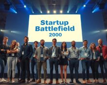Startup founders on stage at a tech competition with Startup Battlefield 200 logo on screen