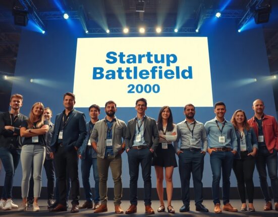 Startup founders on stage at a tech competition with Startup Battlefield 200 logo on screen