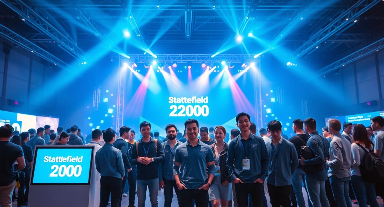 Startup founders at a TechCrunch Disrupt exhibition hall with Startup Battlefield 200 signage