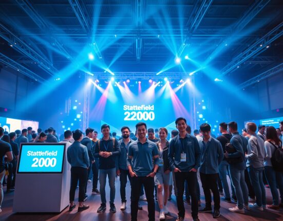 Startup founders at a TechCrunch Disrupt exhibition hall with Startup Battlefield 200 signage