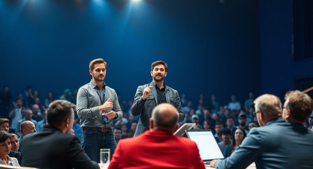 Startup founders pitching on stage at the Startup Battlefield 200 competition for venture capital funding.