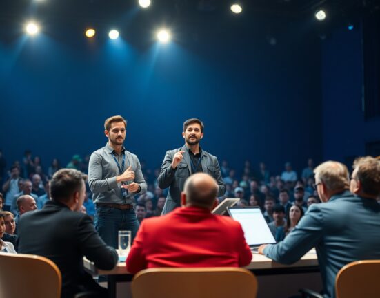 Startup founders pitching on stage at the Startup Battlefield 200 competition for venture capital funding.