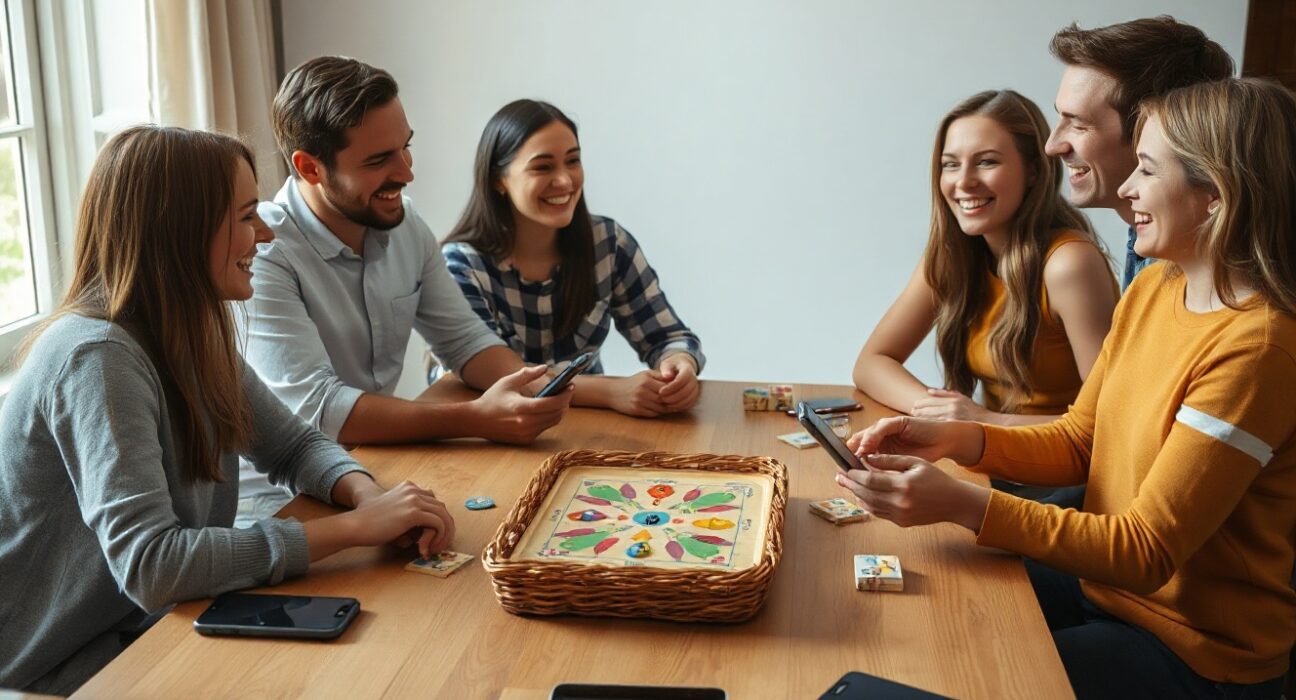Group of friends playing a board game with smartphones put away in a basket