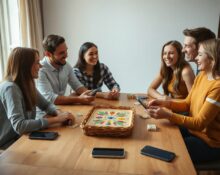 Group of friends playing a board game with smartphones put away in a basket