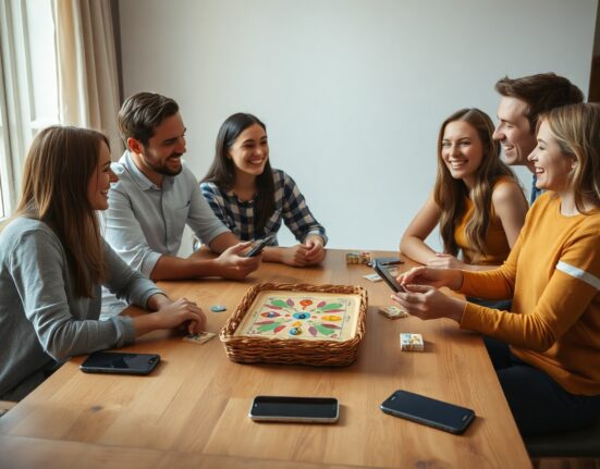 Group of friends playing a board game with smartphones put away in a basket