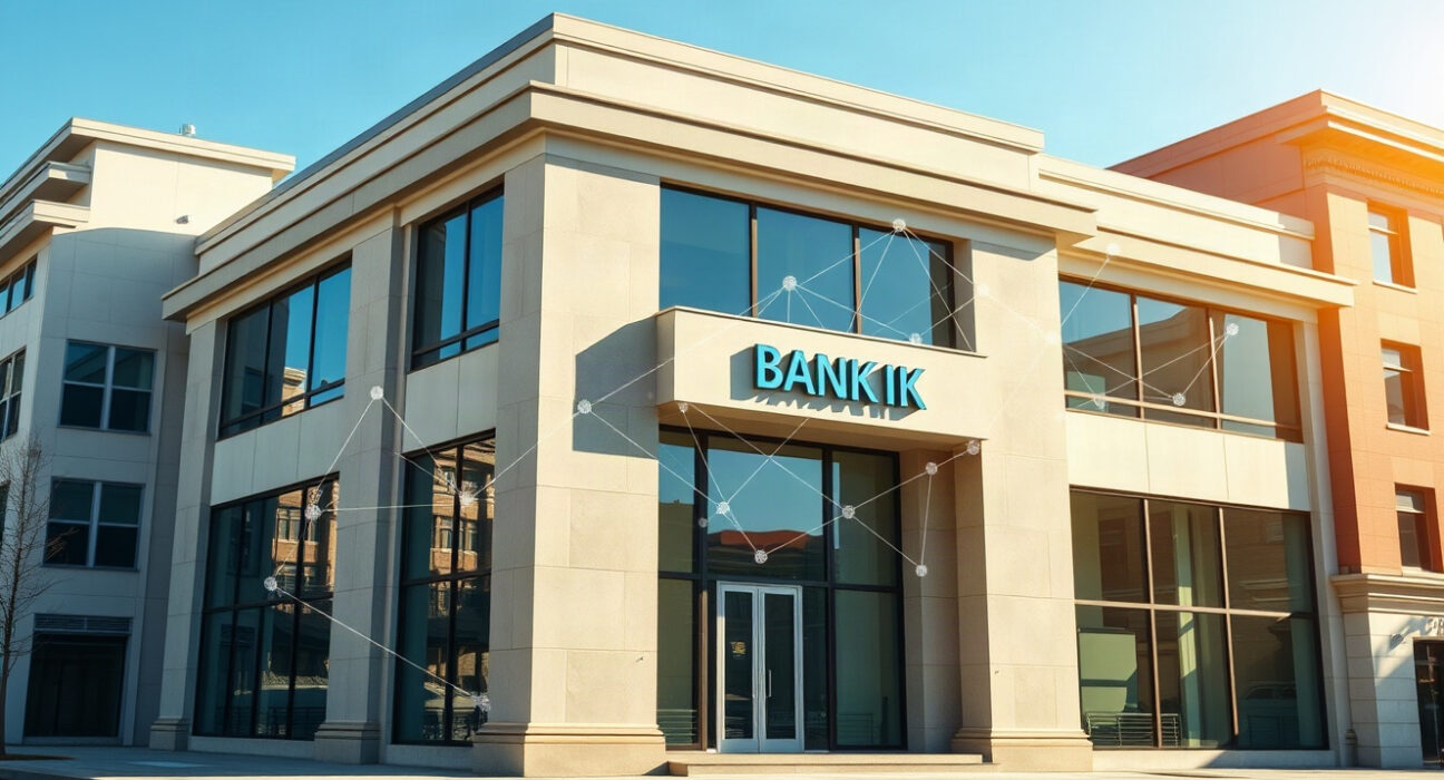 Modern bank building with digital blockchain network overlay in the sky, representing BankChain Alliance